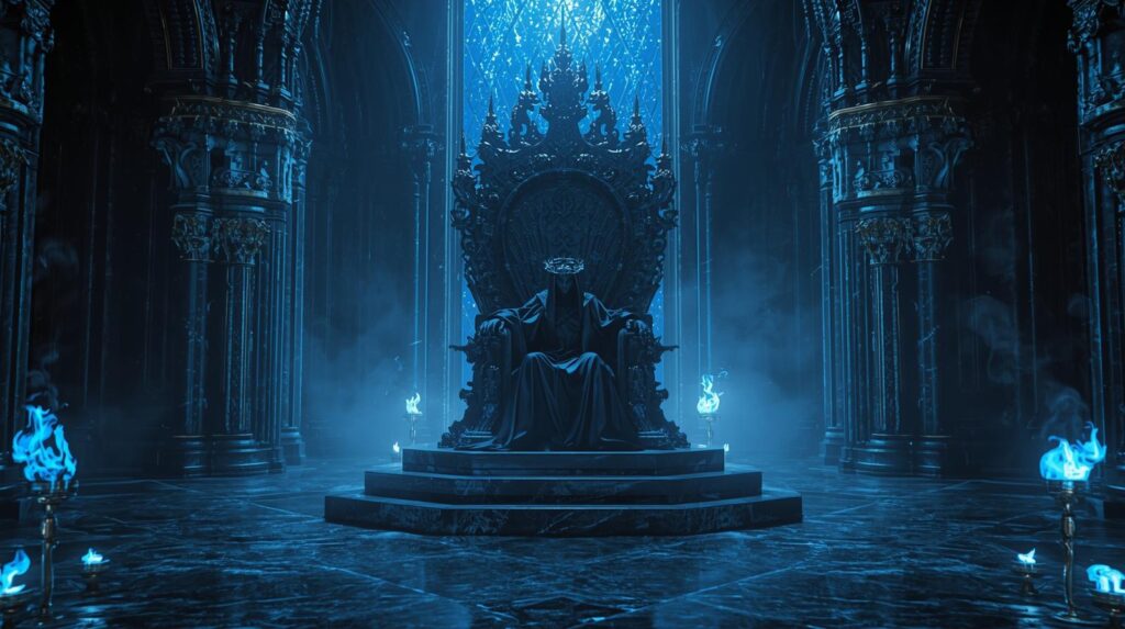 Mysterious royal figure sitting on a gothic throne in shadows