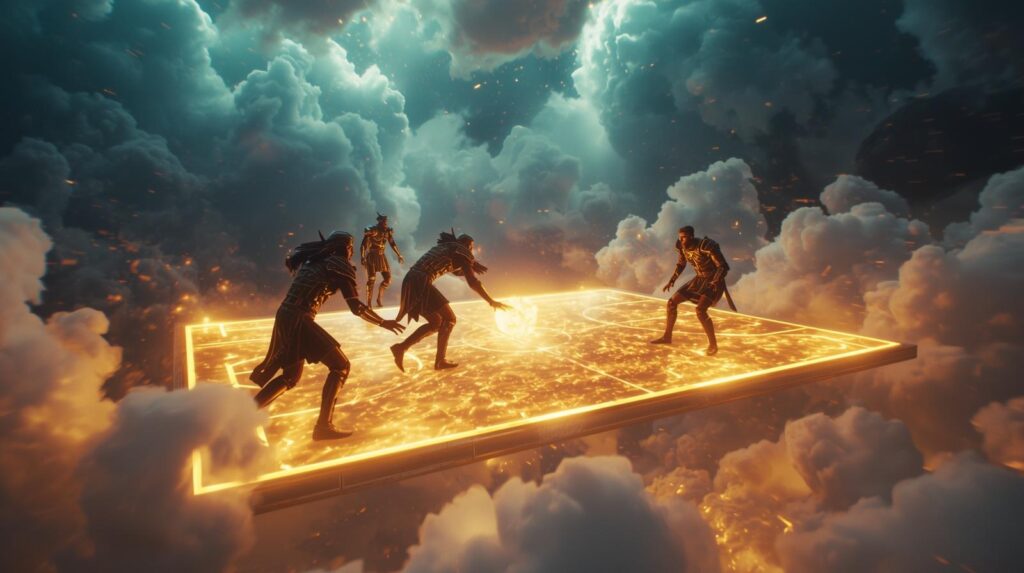 A cinematic 8K fantasy basketball court glowing with golden light, surrounded by mythical warriors playing basketball.