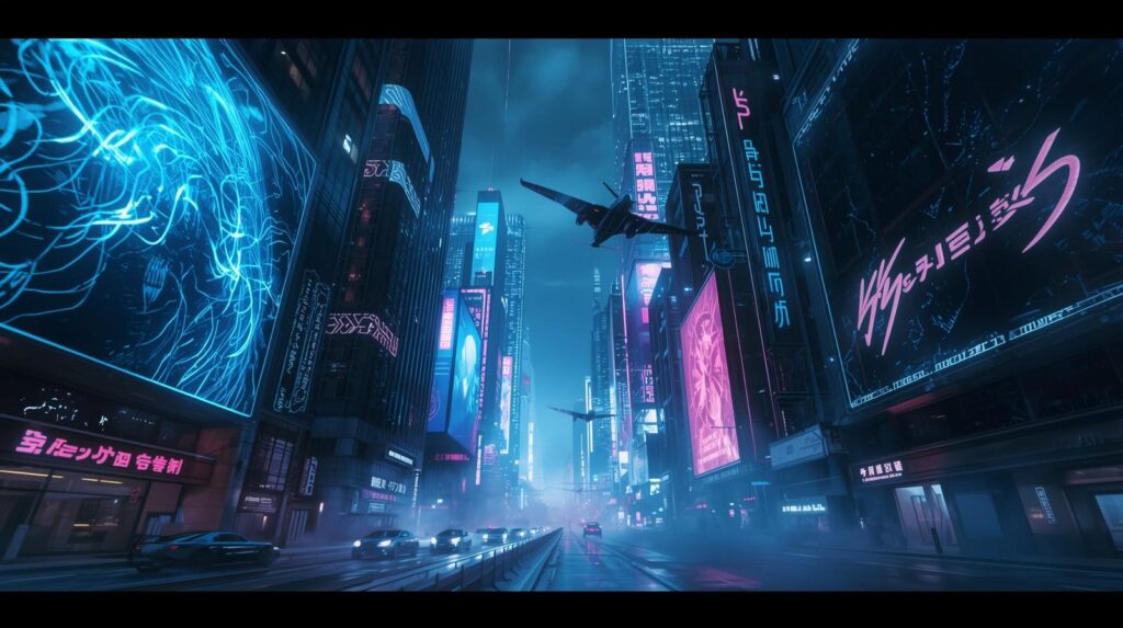 A futuristic neon city glowing under a starry night sky