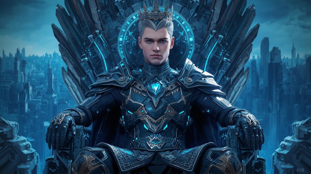 Fantasy king in futuristic armor on a crystalline throne