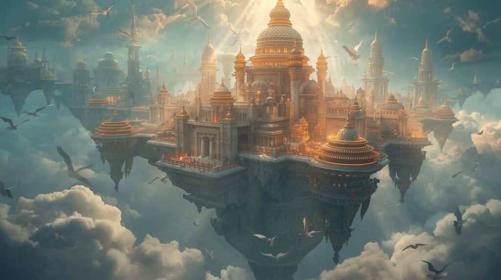 A city floating above the clouds with glowing temples