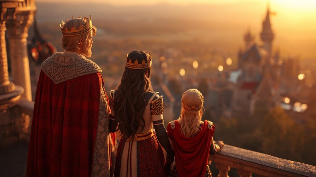 Fantasy royal family watching their glowing kingdom at sunset