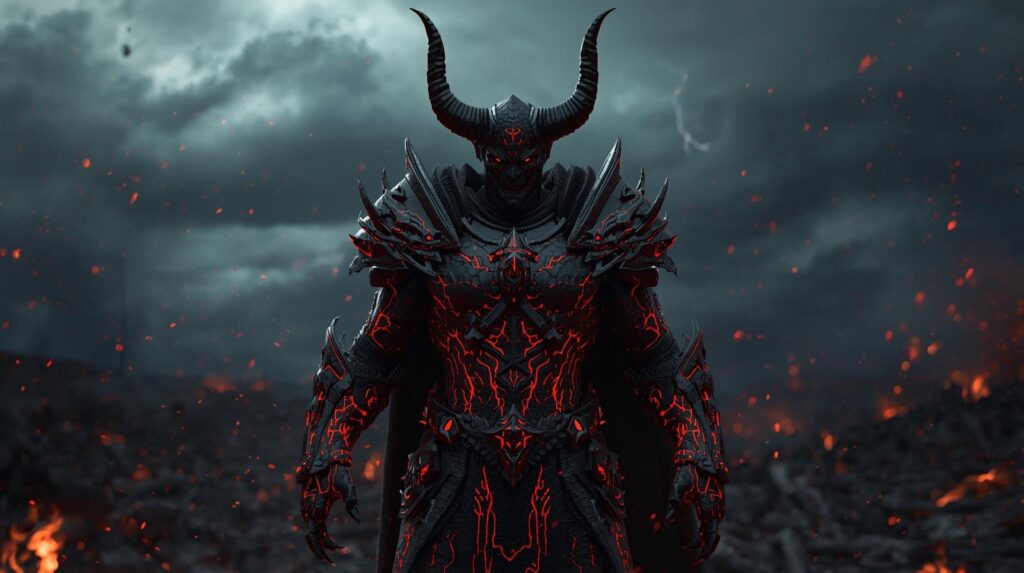 A menacing fantasy warlord in black armor amid a fiery battlefield.