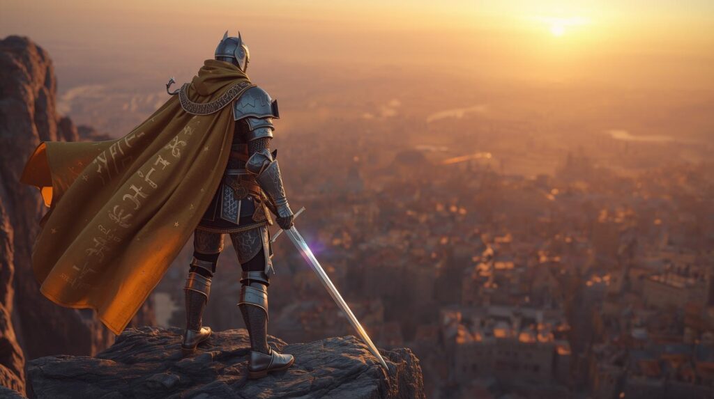 A noble fantasy warrior in silver armor overlooking his kingdom at sunrise.